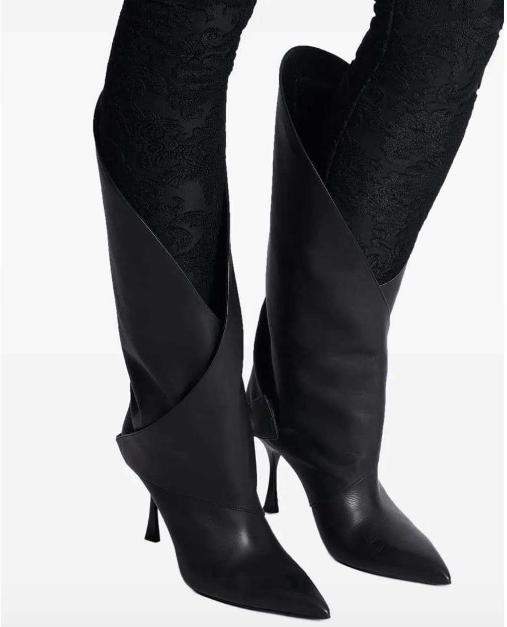 Women's Leather Knee High Boots V-Cut Pointed Toe Stiletto High Heel Riding Boots Stylish Motorcycle Biker Booties with Twist Detail For Party Wedding Shows