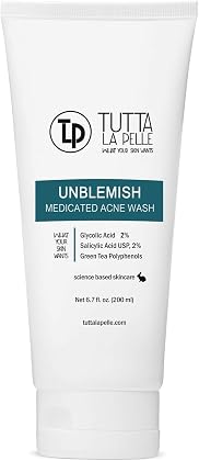 Exfoliating Face Wash Glycolic Acid 2% Salicylic Acid 2% - Medicated Unblemish Cleanser AHA BHA Acne Wash, with calming green tea, oil free, Helps for Acne, Oiliness, Blackheads, Cystic Acne 6.7 Fl Oz