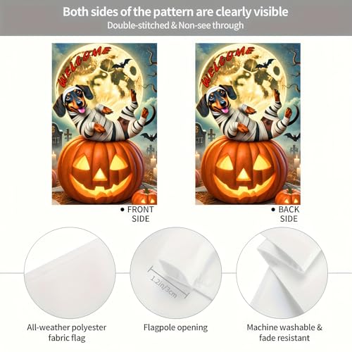 Image of Happy Halloween Garden Flags 12x18 Inch Vertical Double Sided Skeleton Dachshund Dog Garden Flag Small Yard Pumpkin Flag for Outdoor Decor Outside Decoration Banner