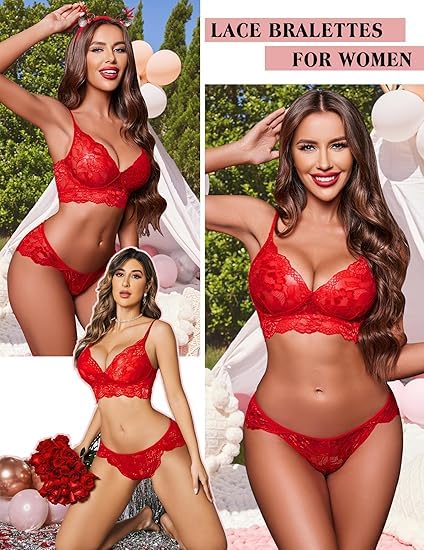 Image of LOURYN KOULYN Women's Lace Lingerie Bra and Panty Set Strappy Babydoll Bodysuit