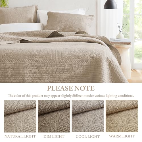 Image of Madison Park Cottage Damask Coverlet Set, 3 PC Full /Queen Quilt Set | Scallop Edge, All Season Oversized Bedding with Pre-washed Cotton-Filled Quilt, Shams, Khaki