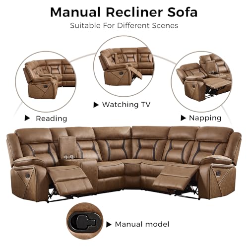 Image of EBELLO Faux Leather Reclining Sectional Sofa Set for Living Room, 1 Recliner Chair and L-Shaped Reclining Couches Home Furniture Set with Center Console, Hidden Cup Holders and Storage, Brown