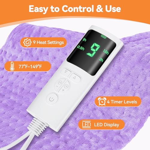 Image of Heating Pad for Back Pain, 17 inchx33 inch Electric Heat Pad with 9 Heat Levels & 4 Auto-Off Timers, Portable Heating Pad for Period Cramps, Shoulder, Neck, Machine Washable, Gifts for Women Men, Purple