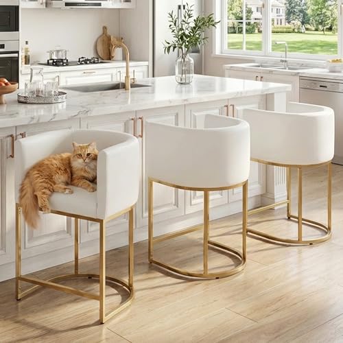 Image of HNY Modern Barrel Counter Height Gold Bar Stools Set of 3, 24 Inch Kitchen Bar Stools with Back, PU Leather Barstools Bar Height for Island with Golden Metal Tubular Frame, White