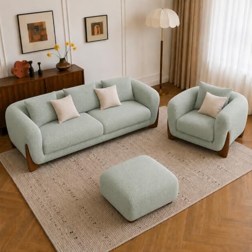 Image of Modern Sofa, Teddy Fabric, Chesterfield Style, Wooden Legs, for Living Room, Bedroom, Hallways (3+1+Ottoman, Sea Green)