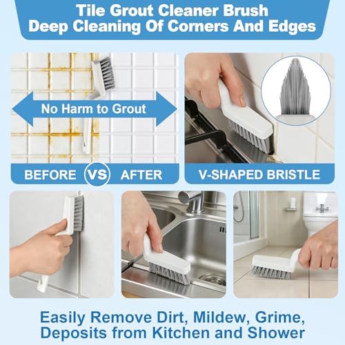 Image of 11Pcs V-Shaped Grout Cleaning Brush Set, with Stiff Bristles Crevice Cleaning Brush and Steel Scraper, Deep Cleaning Supplies for Cleaning Bathrooms, Kitchens, Tiles and Windows