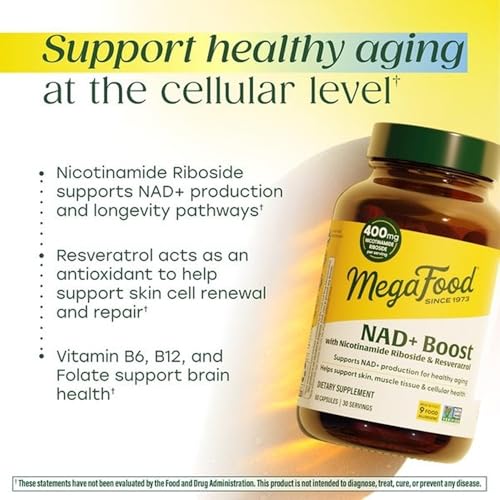 Image of MegaFood NAD + Boost with Nicotinamide Riboside & Resveratrol, Vitamin B12, B6, Methyl Folate & Niacin - Supports NAD+ Production for Healthy Aging - Vegan, Non-GMO - 60 Capsules, 30 Servings