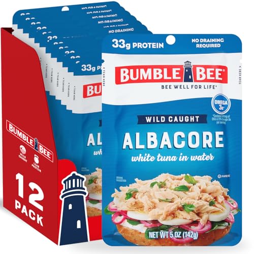 Image of Bumble Bee Chunk White Albacore Tuna in Water, 5 oz Pouches (Pack of 12) - Ready to Eat Wild Caught Tuna Packet - 33g Protein per Pouch, High in Omega-3s - Non-GMO, Gluten Free, Kosher
