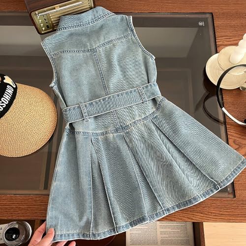 BILIKEYU Girls Denim Dress Sleeveless Buttons up Belted Waist A-line Flowy Swing Dresses with Pockets for Kids3