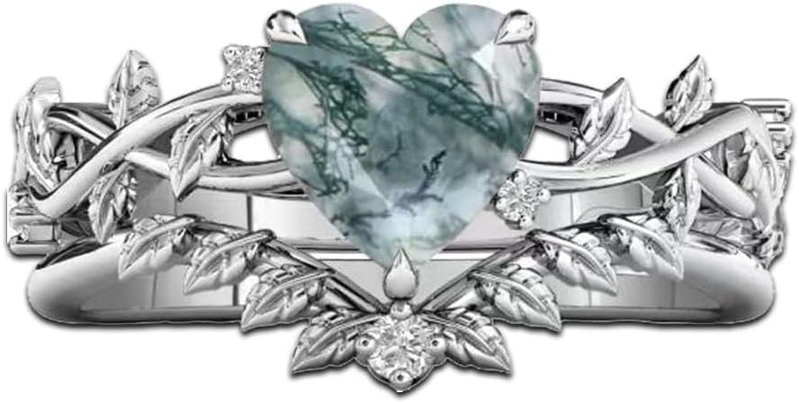 Natural Moss Agate Engagement Ring Set 925 Sterling Silver Rings for Her with Free Engraving Jewelry Gift for Women Moss Agate Vintage Ring Set Size 4-12