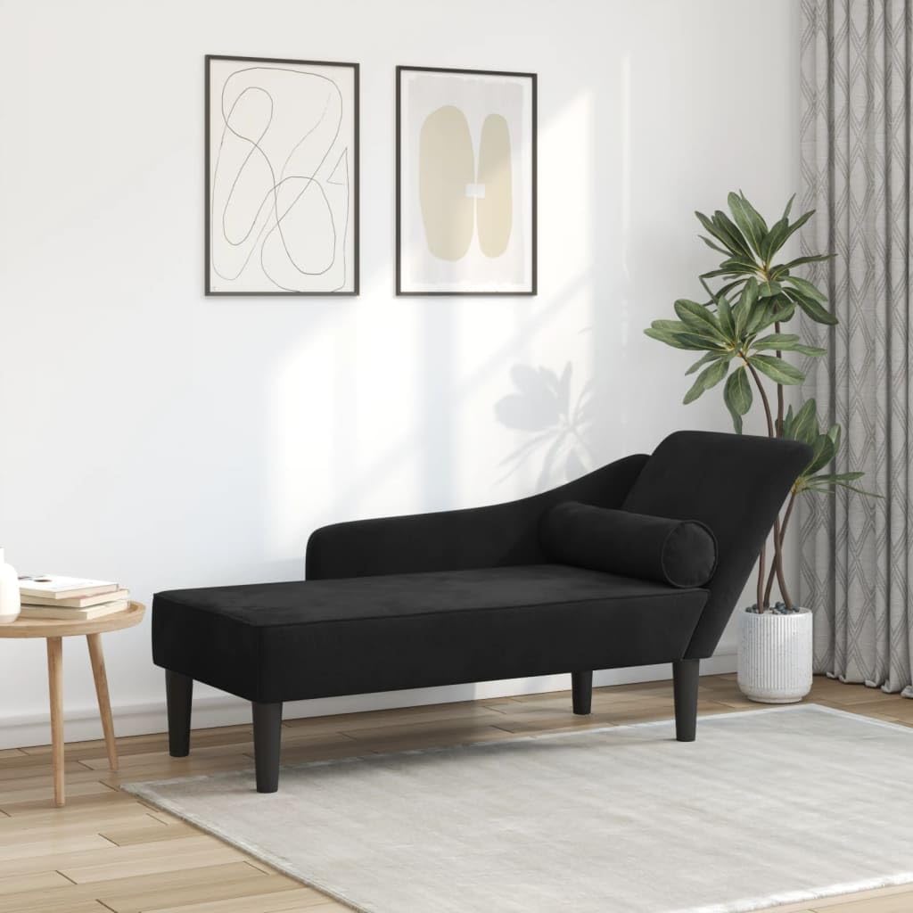 vidaXL Sofá Diván de Terciopelo Negro Con Cojines, Chaise Longue, Tumbona Tapizada Para Salón