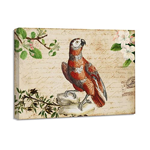Peinture florale vintage oiseau sur toile avec cadre en bois de 40x50 cm