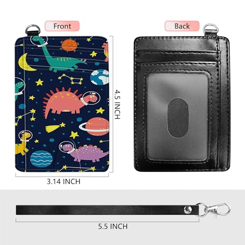 Slim Card Holder with Wristlet Small Wallets for Men Women, RFID Blocking Pocket Keychain Wallet, Space Dinosaur PU Leather Cute Travel Minimalist Card Organizer Case with ID Window2