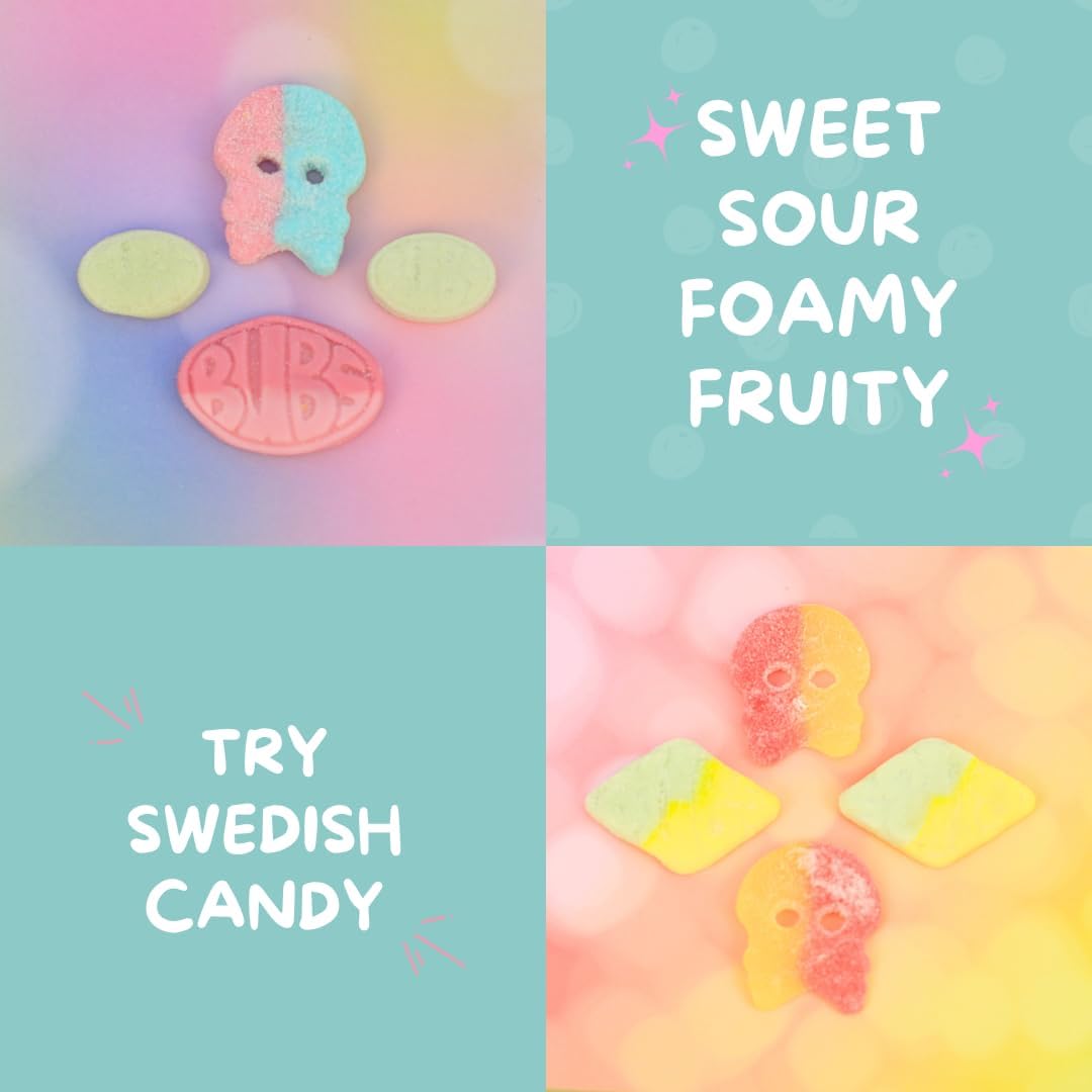 Bubs Swedish Candy, Sweet and Sour, Original Swedish Candy, Sweet and Sour Mix 1 LBS Bubs Candy, Vegan, Gluten free, Bubs Skulls, Bubs Ovals, Goody, Assorted Mix Made in Sweden, Gummy Candy