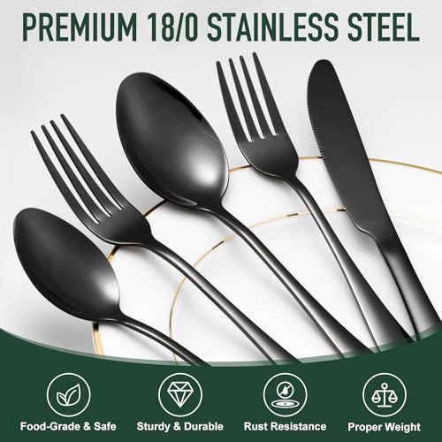 Image of 21-Piece Modern Black Silverware Set with Organizer Tray Stainless Steel Eating Utensil Sets Kitchen Knives Forks and Spoons Cutlery Set Heavy Duty Tableware Flatware Sets for 4, Dishwasher Safe