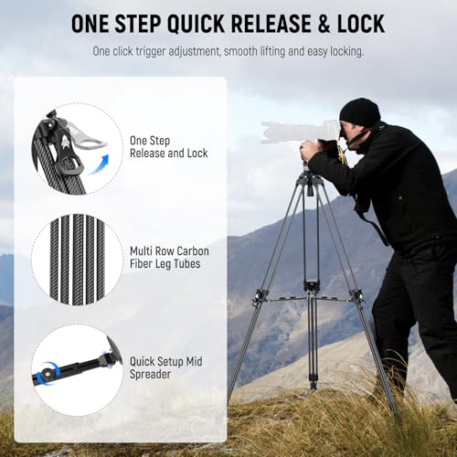 Image of NEEWER 78 inch Carbon Fiber Video Tripod with Fluid Head, One Step Release Lock Tripod with 6 Level Dynamic Counterbalance, 4 Level Pan /Tilt Damping, Mid Spreader, Dual Mode QR Plate, Max Load 18lb, LL55
