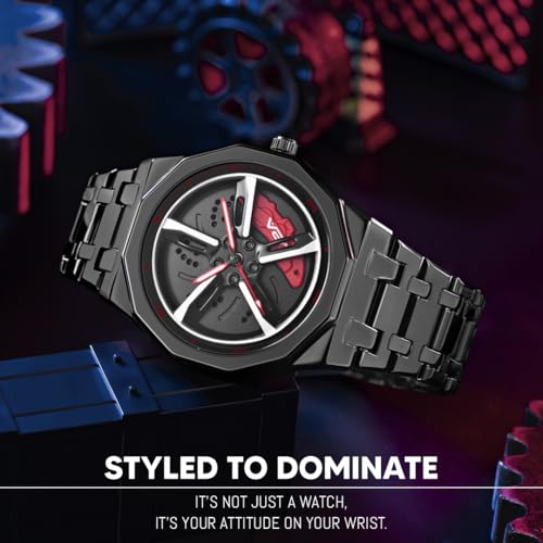 Image of V2A Vortex Men's Spinning Car Wheels Watch for Men- Octagonal Alloy Case with Stainless Steel Band | Analog Timepiece | Bold Sports Watch for Car Enthusiasts