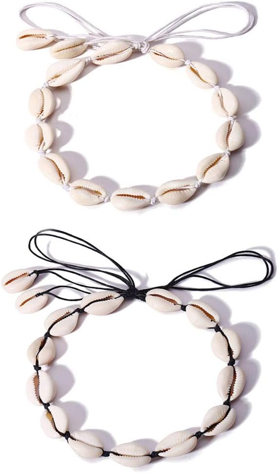 Mingjun2Pcs Natural Shell Choker Handmade Hawaii Cowrie Shell Necklace Beach Choker Adjustable Necklace for Women Girls