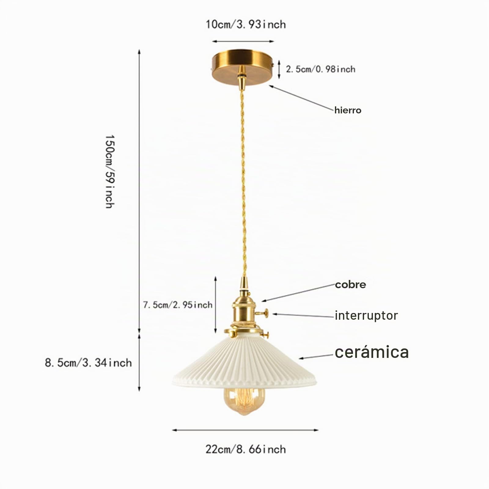 EKSED Lámpara colgante con pantalla de cerámica blanca, portalámparas E27 dorado e interruptor rotatorio - Accesorio de iluminación colgante de techo con cable dorado (Paraguas)