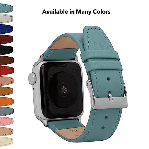 Bandini Womens Band for Apple Watch Band Leather 41mm for Women 40mm 38mm, Slim Leather Replacement iWatch Band for Apple Watch Series 9 8 7 6 5 4 3 2 1 SE - Blue/Silver