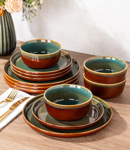 Image of GBHOME Dinnerware Sets for 4, 12 Pieces Stoneware Plates and Bowls Sets, Scratch Resistant Dishes, Dishwasher & Microwave Safe, Reactive Glaze