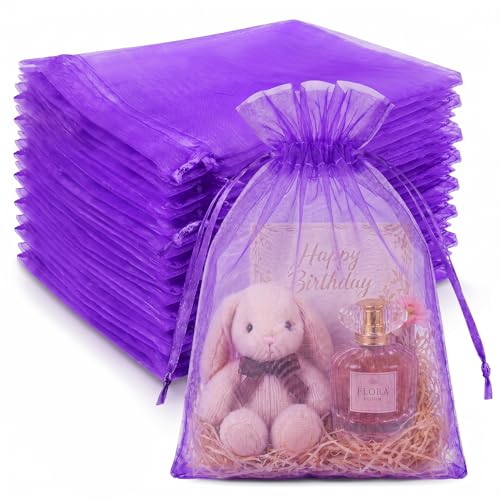 Image of Crweety 50 Pcs 8x12 Inch Purple Organza Bags, Small Mesh Gift Bags Drawstring, Elegant Scented Sachet Bag Empty for Graduation Gifts, Jewelry Packaging, Birthday Party Favor & Baby Shower Candy Treats