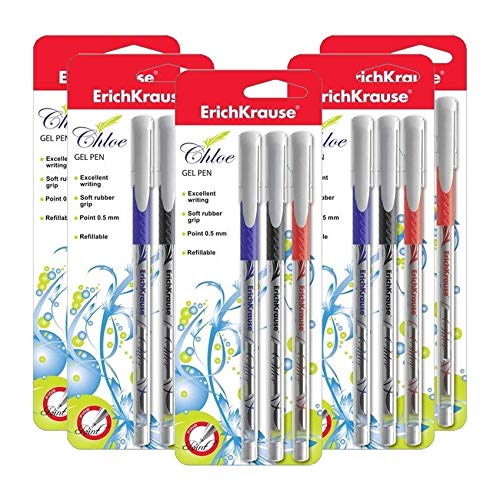 5 x Erich Krause Chloe 3PC Gel Ink Pens - Black, Blue & Red Gel Ink Pens - 0.5mm Fine Point - Refillable (Refills Not Supplied) - Great Value Multi Buy Sets - Ideal for School, Home & Office Use.
