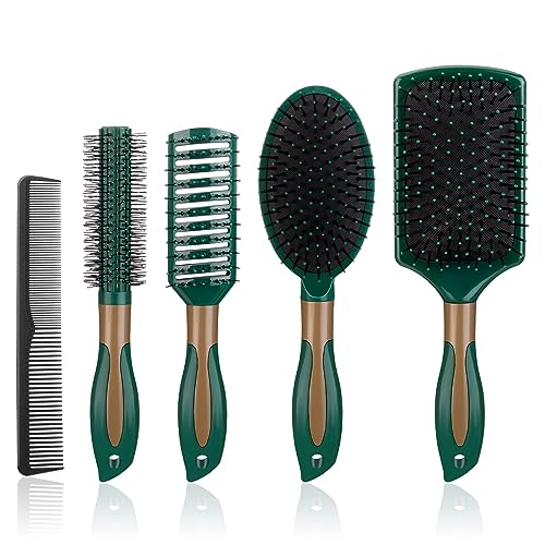 5 Pcs Hair Brush Set Anti-Static Detangling Kit with Oval Round Vent & Paddle Brush for Scalp Massage at Home for Women & Men