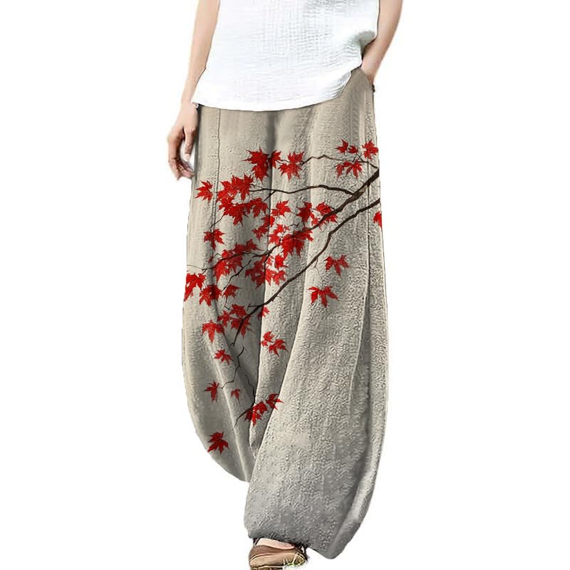 HOTYD Womens Japanese Art Print Wide Leg Linen Pants Relaxed Fit Lantern Pants Casual Summer Baggy Trousers with Pockets