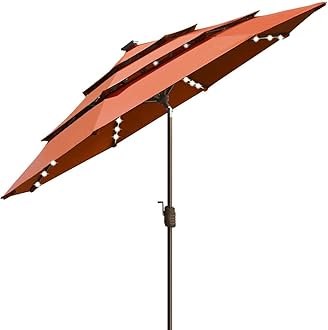 EliteShadeUSA 10-Year-Non-Fading Solar 9ft 3 Tiers Market Umbrella with 80 LED Lights Patio Umbrellas Outdoor Table with Ventilation,Rust