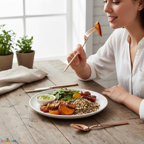Image of Elegant Handle Rose Gold 12 Pcs Stainless Steel Cutlery Set for Dining Table, Dishwasher Safe Glossy Flatware (3 Spoon Set+3 Forks Set+3 Butter Knife+3 Dessert Spoon)