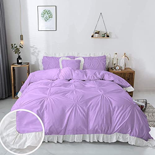 Image of 300 TC Pinch Ruffle 2 Tone Duvet /Razai /Blanket Cover with 2 Pillow Cover- 100% Cotton (Zipper Closure) Razai Cover 3 PC Set, Soft & Lightweight-Double Size White /Lavender