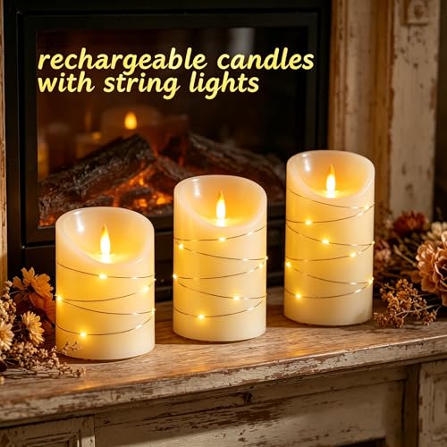 Image of Rechargeable LED Candles, Real Wax, 4 5 6 in, Ivory, 3 Pack | USB rechargeable real wax candles with remote, timer and star lights