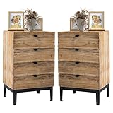 Wnutrees Farmhouse Nightstand Wood Bedside Table with 4-Drawers Bedside End Tables Storage for Living Room, Hallway, Handmade Distressed, Natural, Set of 2