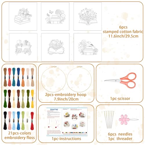 Image of BEUNITONE 6 Set Books Flowers Embroidery Kit for Adult Beginners with Hoops and Instructions Literary Themed Needlepoint Craft Kits Complete DIY Handmade Cross Stitch Set for Book Lovers Home Decor