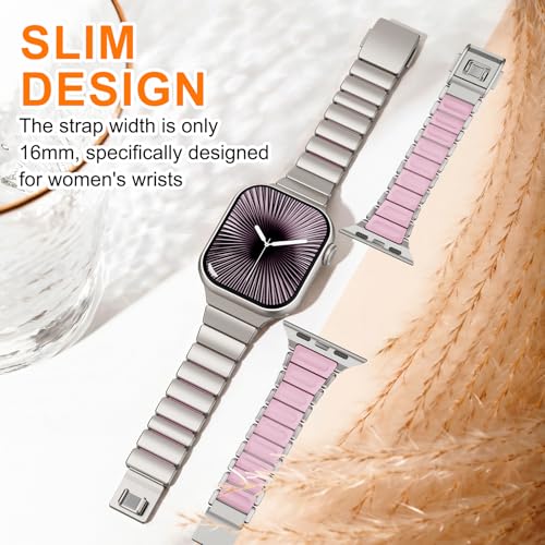 Image of Magnetic Slim Metal Band Compatible with Apple Watch Bands for Women Series 11 10 46mm 45mm 44mm 42mm SE 9 8 7 6 5 4 38mm 40mm 41mm 3 /2 /1,Luxury Stainless Steel Strap Silicone Link For iwatch