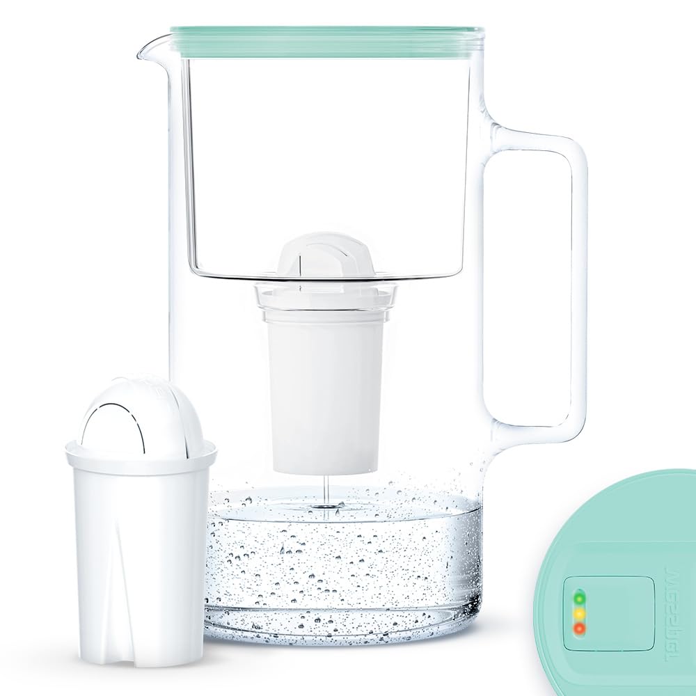 Wessper Jarra Filtradora de Vidrio con Contador LED de Agua 3 L | Compatible con el Filtro Brita Classic, Filtro de Agua que Reduce la cal y el Cloro | Jarra Filtrante + 1x Cartucho – Menta