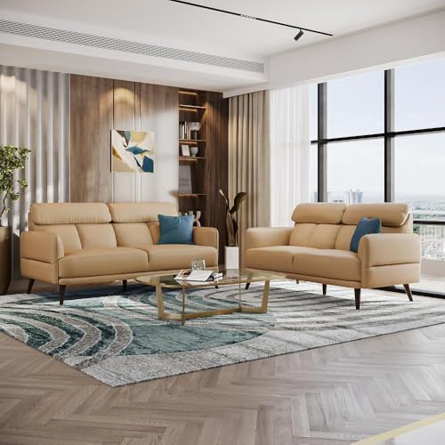 Image of Wakefit 5 Seater Sofa Set, 3+2 Seater, Ivory, Modern Style, Pine Wood & Leatherette Fabric, 5 Year Warranty