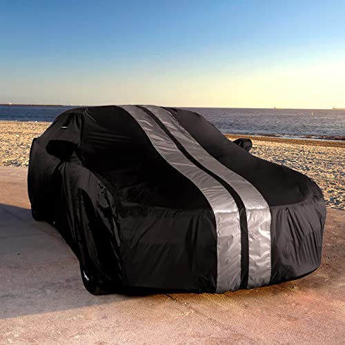 Icarcover Custom Car Cover For 2005-2023 Ford Mustang Gt, Ecoboost, Mach 1, V6 Waterproof All Weather Rain Snow Uv Sun Protector Full Exterior Indoor Outdoor Car Cover (Stripe - Black/Gray) #TOP2