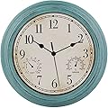 LOTCAIN 12 Inch Indoor Outdoor Retro Waterproof Wall Clock with Thermometer and Hygrometer, Battery Operated Quartz Round Wall Clock Silent Non Ticking Home Decor,Green