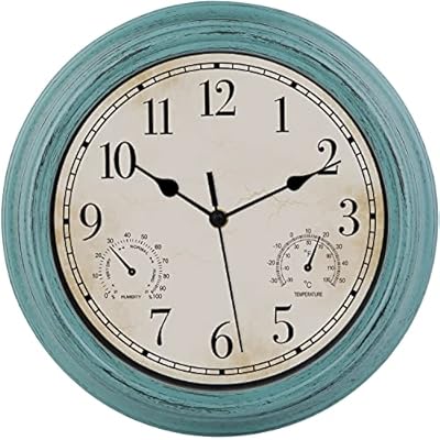 LOTCAIN 12 Inch Indoor Outdoor Retro Waterproof Wall Clock with Thermometer and Hygrometer, Battery Operated Quartz Round Wall Clock Silent Non Ticking Home Decor,Green