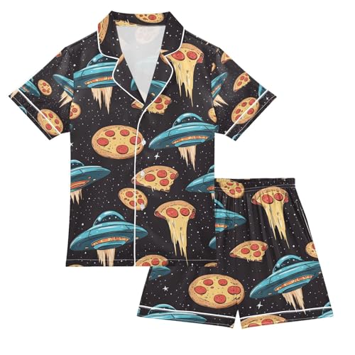 senya Ufo Pizza Satin Summer Pajama Sets Silk Short Sleeve Button Down Sleepwear