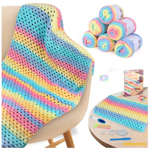 Image of Aeelike Crochet Blanket Kit for Beginners-Rainbow Granny Squares Stripe Blanket, Complete Crochet Kit for Adults w Gradient Yarn & Instructions, Easy Learn to Knit for Beginners