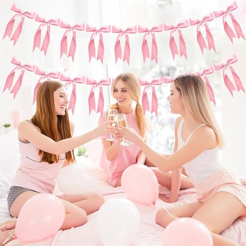Image of 2pcs Bow Garland Banner Ribbon Bow Party Decorations for Baby Shower Decor Tying The Knot Girls Bow Coquette Birthday Party Decoration (Pink)