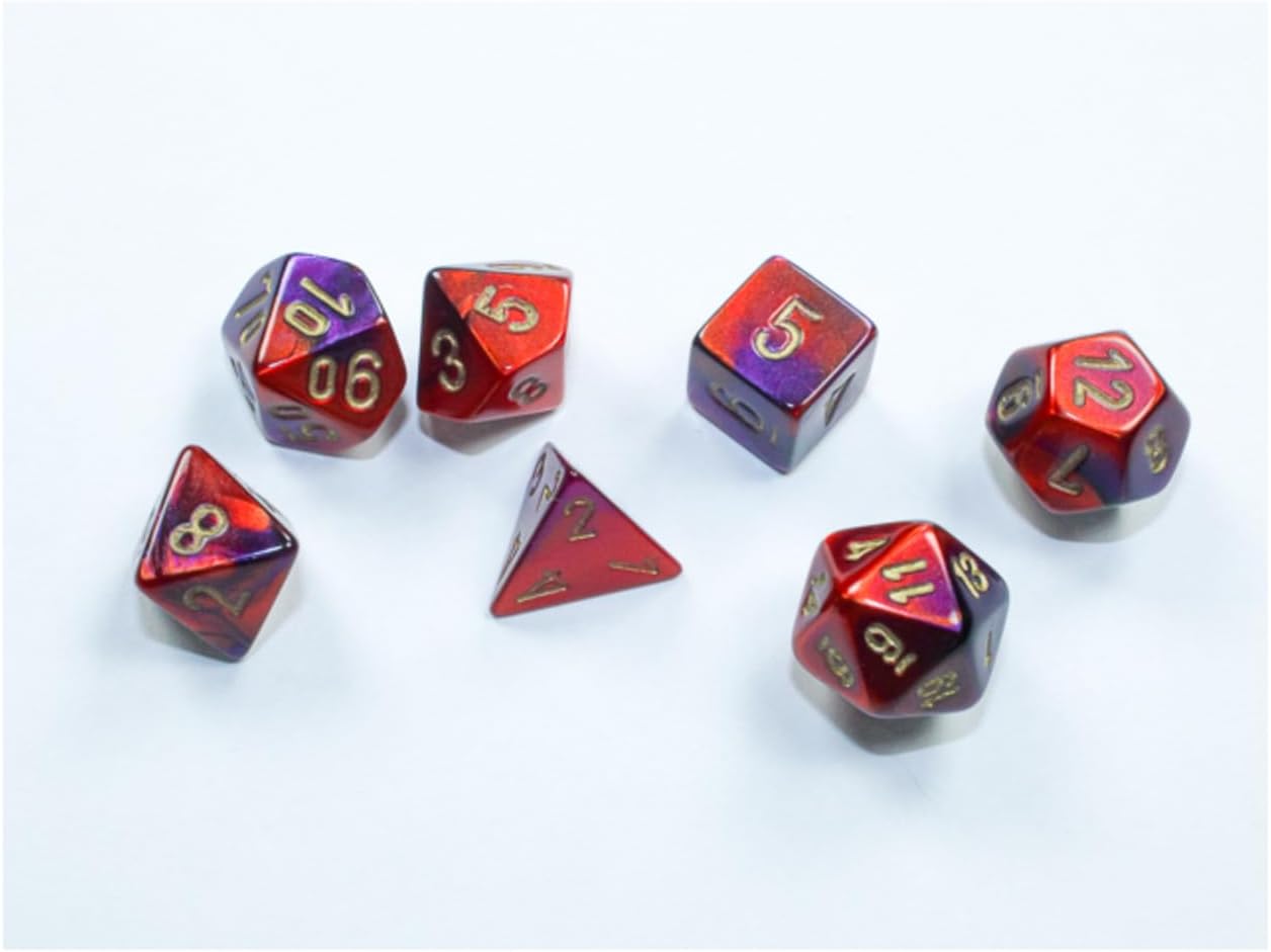 Purple and Red Gemini Mini Dice with Gold Colored Numbers 10mm (3/8in) Set of 7 Chessex
