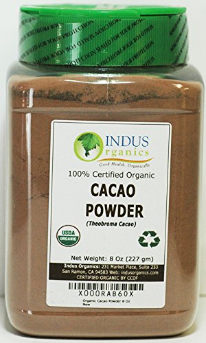 Indus Organics Cacao en polvo crudo, tarro de 8 onzas, sin sulfito, sin azúcar añadido, grado premium, alta pureza, recién empaquetado