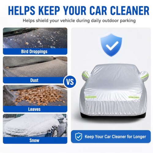 Image of GXARTS 5-Layer Heavy Duty Car Cover for Sedans (185 inchL x 74 inchW x 60 inchH) | Waterproof Vinyl Outer,All-Weather Outdoor Indoor | Windproof Straps, Mirror Pockets, Door Zipper | UV Snow Rain Dust Protection