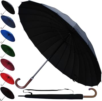 StormDefender 24 Rib Windproof Extra Strong Umbrella - Large Umbrella | Golf and Everyday Use - Big Reinforced Frame - Automatic - Wood Hook Handle - Designer Rainproof Men Women - Black