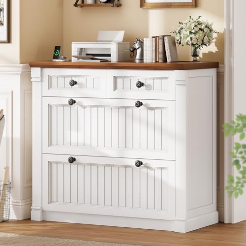 SEDETA 4 Drawers File Cabinet 33 Farmhouse Filing Cabinets for Home Office fit Legal/Letter/A4 File Wood Office File Cabinet with Power Outlets Printer Stand with Storage White+Brown