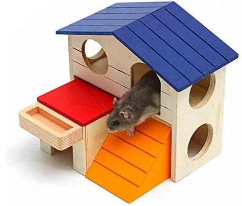 Hamiledyi Pet Small Animal Hideout Hamster House Deluxe Two Layers Wooden Hut Play Toys Chews